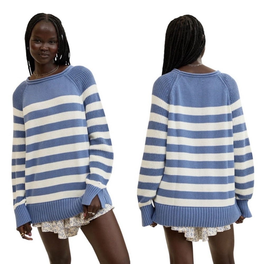 Aerie Womens Bistro Sweater L Blue White Striped Oversized Knit Cotton Nautical